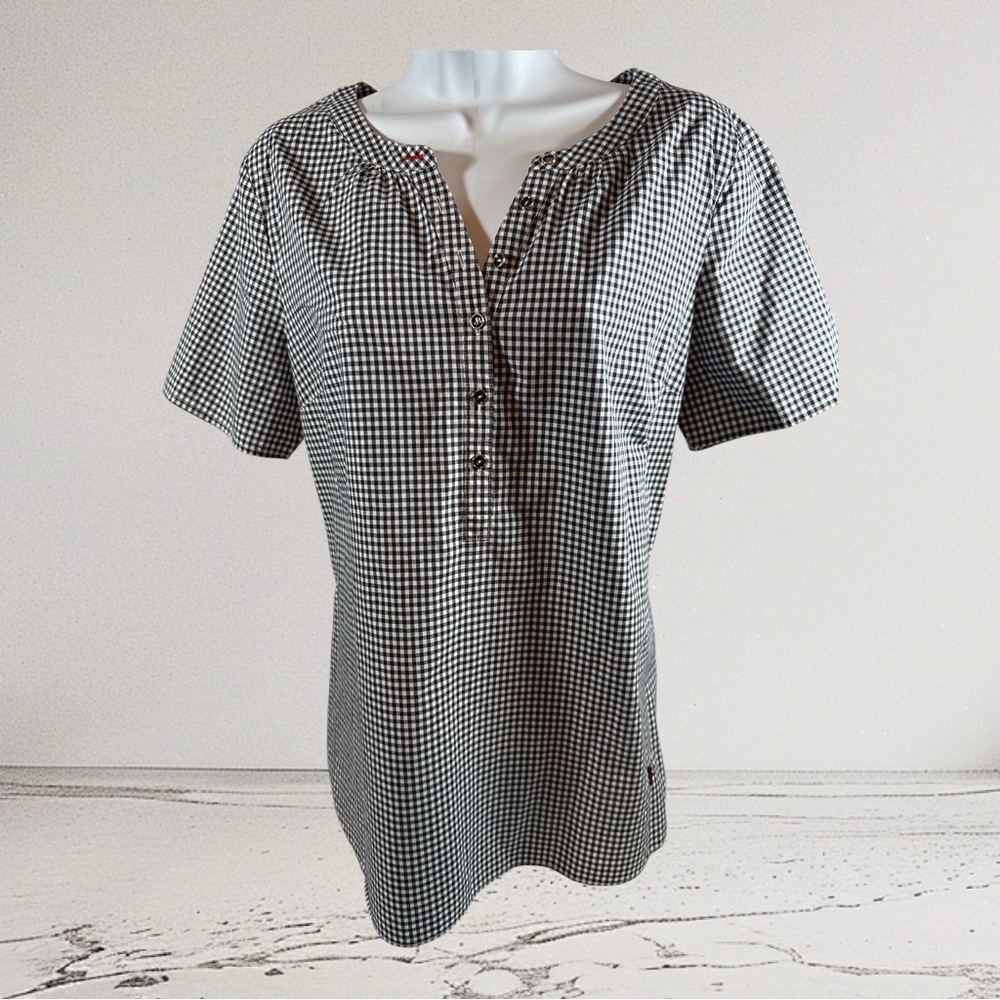 Talbots Oprah Collection Women Gingham Check Shirt Short Sleeves Ladybug Size M